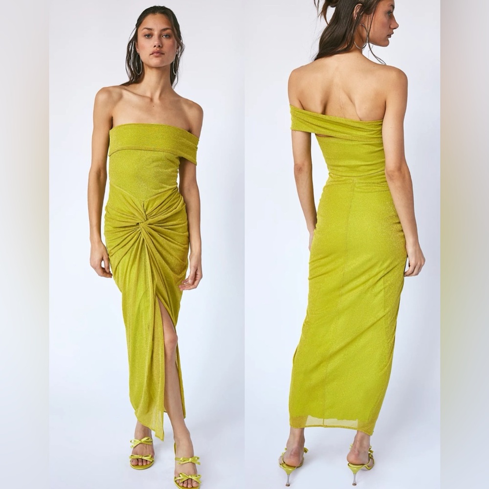 Baobab Aria Dress MEDIUM Elegant Off-Shoulder ruched Dress lime chartreuse gold